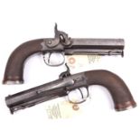 A pair of officer’s 16 bore percussion boxlock sidehammer belt pistols, c 1845, 9¾” overall,