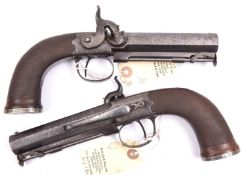 A pair of officer’s 16 bore percussion boxlock sidehammer belt pistols, c 1845, 9¾” overall,