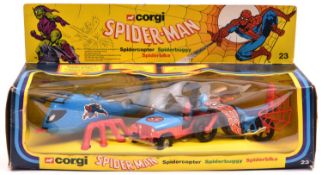 Corgi Spider-Man set 31. Comprising Spidercopter, Spiderbuggy and Spiderbike. In a window box, minor