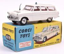 Corgi Toys Ford Zephyr Motorway Patrol. In white with small roof light, red interior, POLICE to
