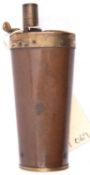 A copper 3 way pistol flask, with screw capped gilt brass base, top with swivel lid compartment