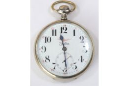 Zentra pocketwatch. Plated case, hinged back, 57mm diameter. Dial has 24-hour markings in addition