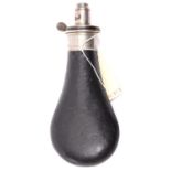 A leather covered powder flask, WM “Sykes Patent” top , “Improved Best Quality”, 4 position nozzle