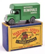 Matchbox Series No.17 Matchbox Removal Van. An example in green with metal wheels. Boxed, very minor