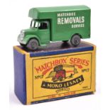 Matchbox Series No.17 Matchbox Removal Van. An example in green with metal wheels. Boxed, very minor