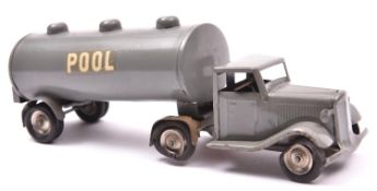 Tri-ang Minic tinplate clockwork Articulated POOL Petrol Tanker 79M. War time example, with all grey