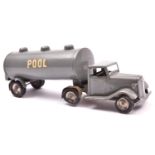 Tri-ang Minic tinplate clockwork Articulated POOL Petrol Tanker 79M. War time example, with all grey