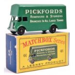 Matchbox Series No.46 Pickfords Removal Van. An example in green with white roller shutter and black