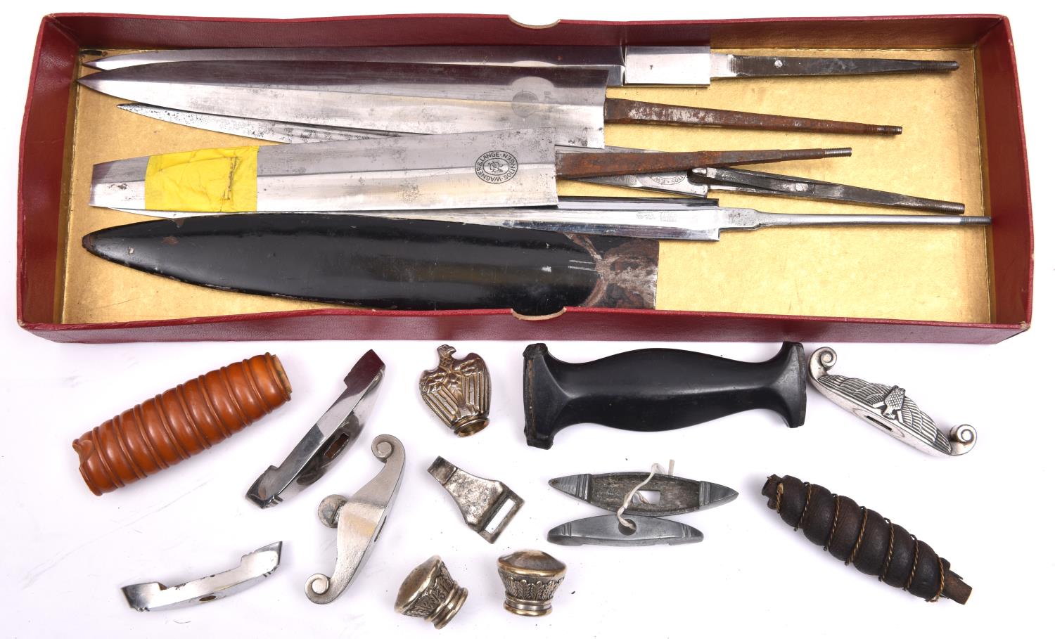 Various parts for Third Reich daggers: blades comprise SA by Wagner & Lange, Solingen (tip broken