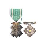 Japan: Order of the Golden Kite, 7th class in silver NEF; Order of the Pillars of State, no bar, VF.