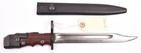A No 7 knife bayonet for the No 4 rifle, with large muzzle ring, swivel pommel, in scabbard. Near