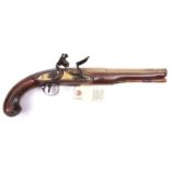 A silver mounted 22 bore brass barrelled flintlock holster pistol, by Grice, London, c1791, 14½”