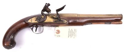 A silver mounted 22 bore brass barrelled flintlock holster pistol, by Grice, London, c1791, 14½”