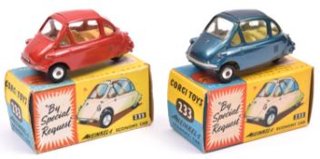 2 Corgi Heinkel Trojan (233). An example in red with yellow interior and smooth wheels and another