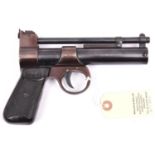 A post 1958 .177” Webley Junior air pistol, number 482, the frame stamped with capital “B” and