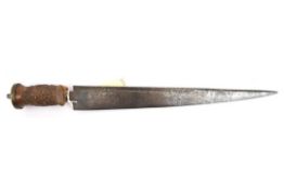 An early 18th century Scottish dirk, plain tapered blade 14”, with narrow back fuller and DE towards