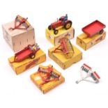 7 Dinky Toys farm related items. A Trade Pack of 4 Disc Harrow 27H, containing 4 examples, one