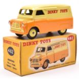 Dinky Toys Bedford 10CWT Van 'DINKY TOYS' (482). In yellow and orange livery, with yellow wheels,