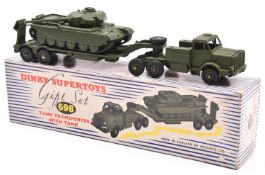 Dinky Supertoys Tank Transporter With Tank Gift Set (698). Both in olive green. Boxed, with packing.