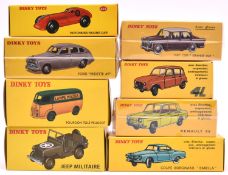 8 Atlas French Dinky Toys. Including Hotchkiss Racing car (23b), Jeep Militaire (24m), Ford