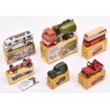 6 Dinky Toys. A Double Deck Bus (290) in red and white. Universal Jeep (405) in red. Telephone