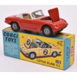 Corgi Toys Lotus Elan Coupe (319). An example in red with white roof and white interior,