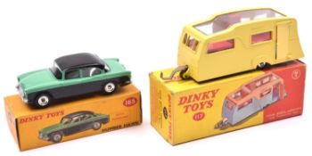 2 Dinky Toys. A Humber Hawk (165). An example with black roof and lower body, with mid green upper