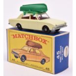 Matchbox series. No.45 Ford Corsair with Boat. Very pale green with red interior, unpainted base,