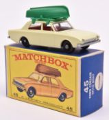 Matchbox series. No.45 Ford Corsair with Boat. Very pale green with red interior, unpainted base,