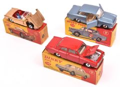 3 Dinky Toys. Triumph Spitfire (114). An example in metallic gold with red interior, example without