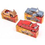 3 Dinky Toys. Triumph Spitfire (114). An example in metallic gold with red interior, example without