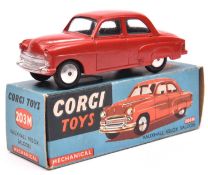 Corgi Toys Mechanical Vauxhall Velox Saloon (203M). An example in red with smooth spun wheels and