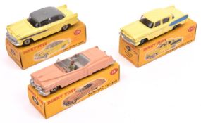 3 Dinky Toys American Cars. Cadillac Tourer (131) in salmon pink with light grey interior and
