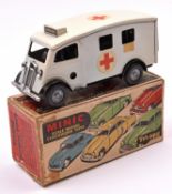 Tri-ang Minic tinplate clockwork Short Bonnet Ambulance No.85M. In cream with red crosses to