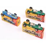 3 Dinky Toys. Cooper Racing Car (240). In blue, driver with silver helmet, RN 20. 2x B.R.M. Racing