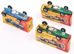 3 Dinky Toys. Cooper Racing Car (240). In blue, driver with silver helmet, RN 20. 2x B.R.M. Racing
