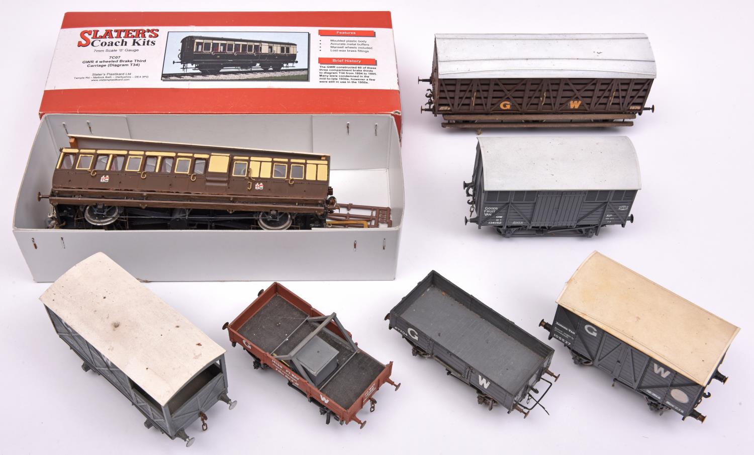 7x O Gauge finescale GWR rolling stock items. Including a Slater's Coach Kits GWR 4-wheel Brake