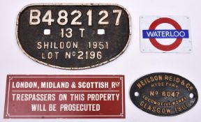 A BR railway cast iron wagon plate. Cast in markings read 'B482127 13T Shildon 1951 Lot No.2196'.