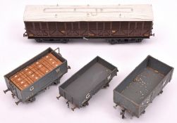 6x O Gauge finescale GWR kit built freight wagons. A Parkside Dundas Flatbed wagon with container