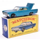 Matchbox Series No.31 Lincoln Continental. In metallic blue with white interior, black plastic