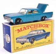 Matchbox Series No.31 Lincoln Continental. In metallic blue with white interior, black plastic