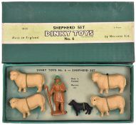 Dinky Toys Shepherd Set (No. 6). Comprising Shepherd with green hat, 4 sheep and black sheepdog.