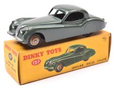 Dinky Toys Jaguar XK120 Coupe (157). Example in dark sage green with fawn wheels and black tyres.