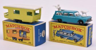 2 Matchbox Series. No.42 Studebaker Station Wagon in turquoise blue with white interior, light