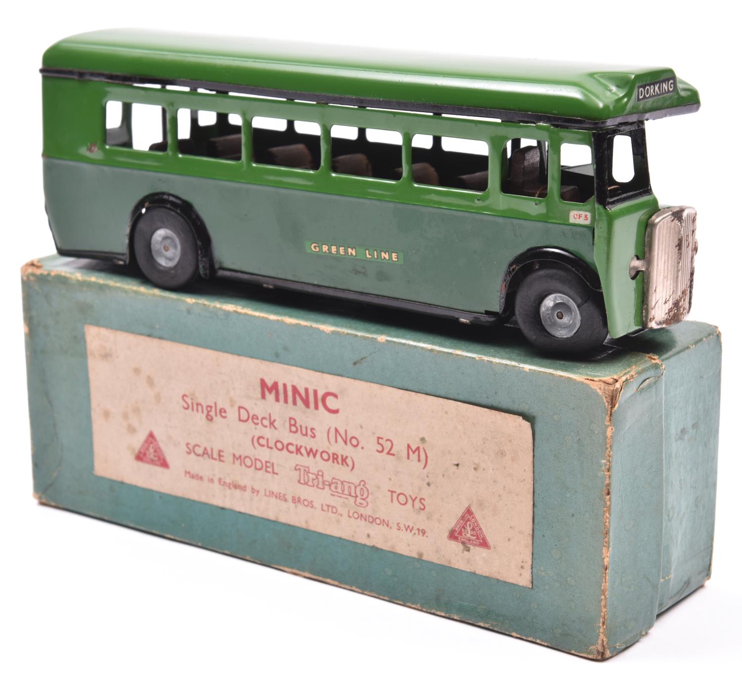 Tri-ang Minic tinplate clockwork Single Deck Bus No.52M. In two tone green 'Green Line' livery, with