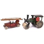 2x Tipp & Co. Germany tinplate clockwork vehicles. A Fire Engine in red with extending ladder and