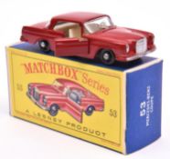 Matchbox Series No.53 Mercedes-Benz 220SE Coupe. In dark red with white interior, opening doors,