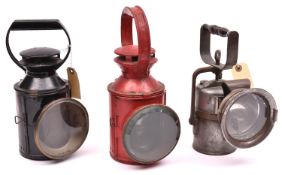 3x railway hand lamps all complete with glasses and burners. 2x Standard three aspect lamps; One