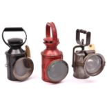 3x railway hand lamps all complete with glasses and burners. 2x Standard three aspect lamps; One