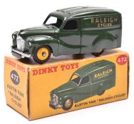 Dinky Toys Austin Van 'RALEIGH' (472). In dark green livery with yellow wheels and black tyres.